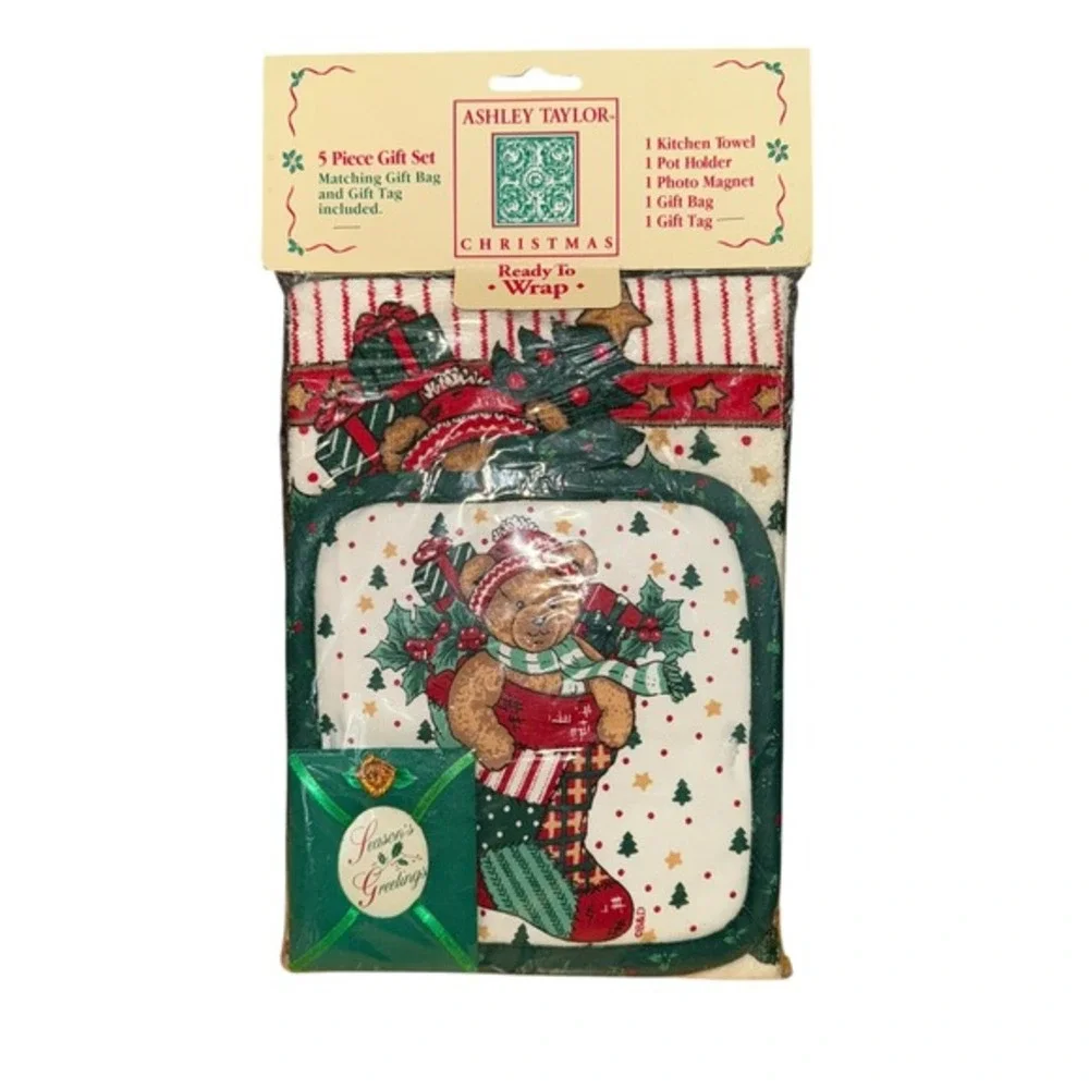 NEW Vtg. Ashley Taylor Christmas 5 Pc Gift Set‎ Kitchen Towel Pot Holder Magnet